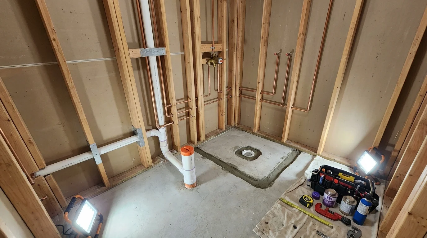 Bathroom rough-in plumbing during remodel by Johns Plumbing LLC in Midpines