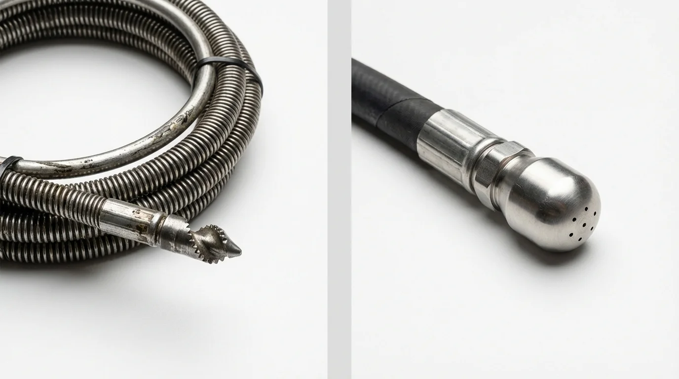Drain snake cable and hydro jetting nozzle used for drain cleaning in Midpines, CA