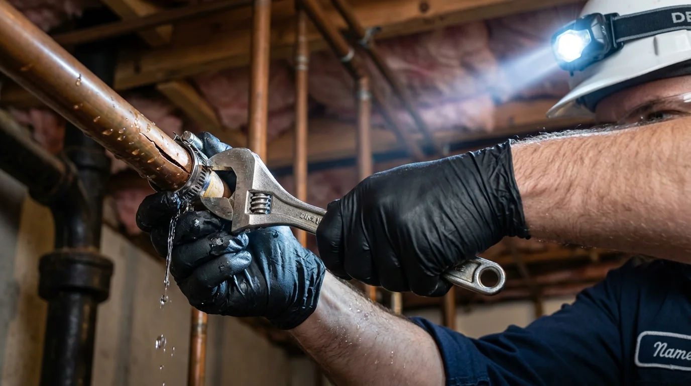 Emergency pipe clamp repair being performed by a Johns Plumbing LLC plumber in Midpines