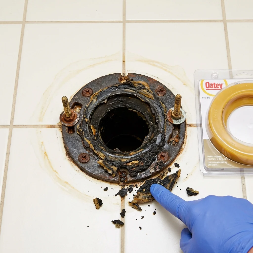 Failed wax ring showing water seepage at the base of a toilet in a Midpines, CA home