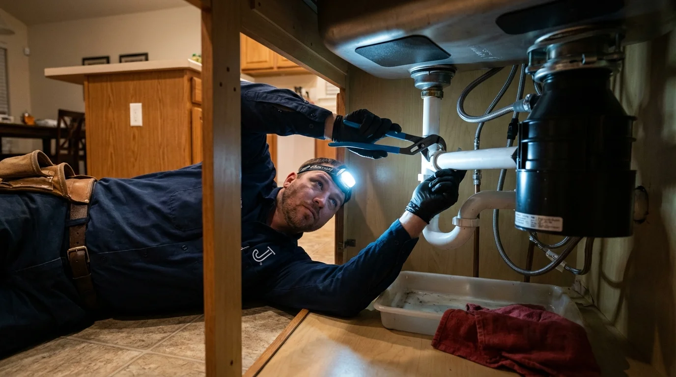 P-trap and supply line connections under a kitchen sink showing a common leak point in Midpines, CA